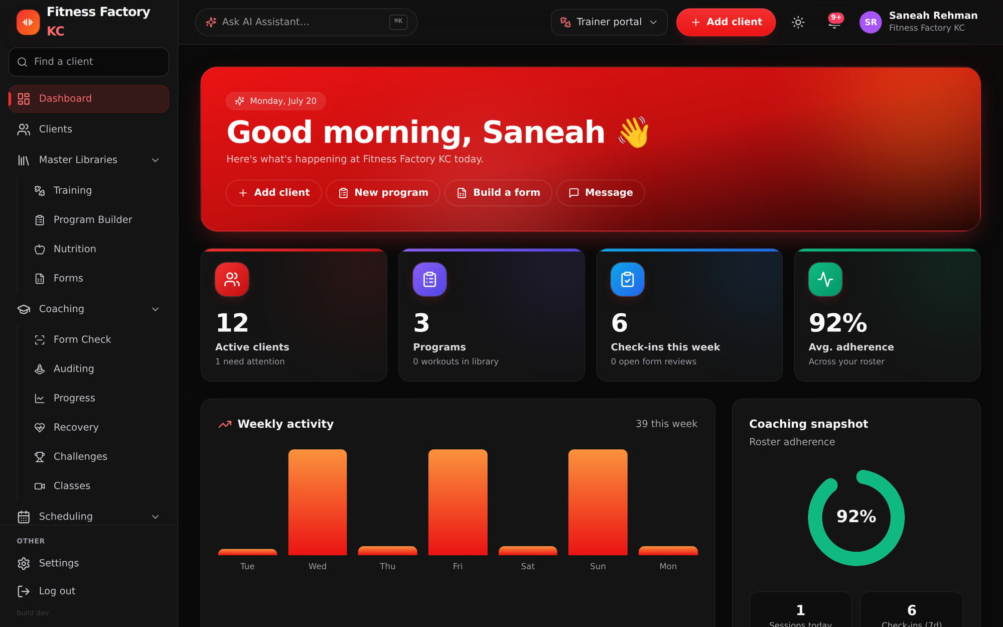 Trainer portal dashboard