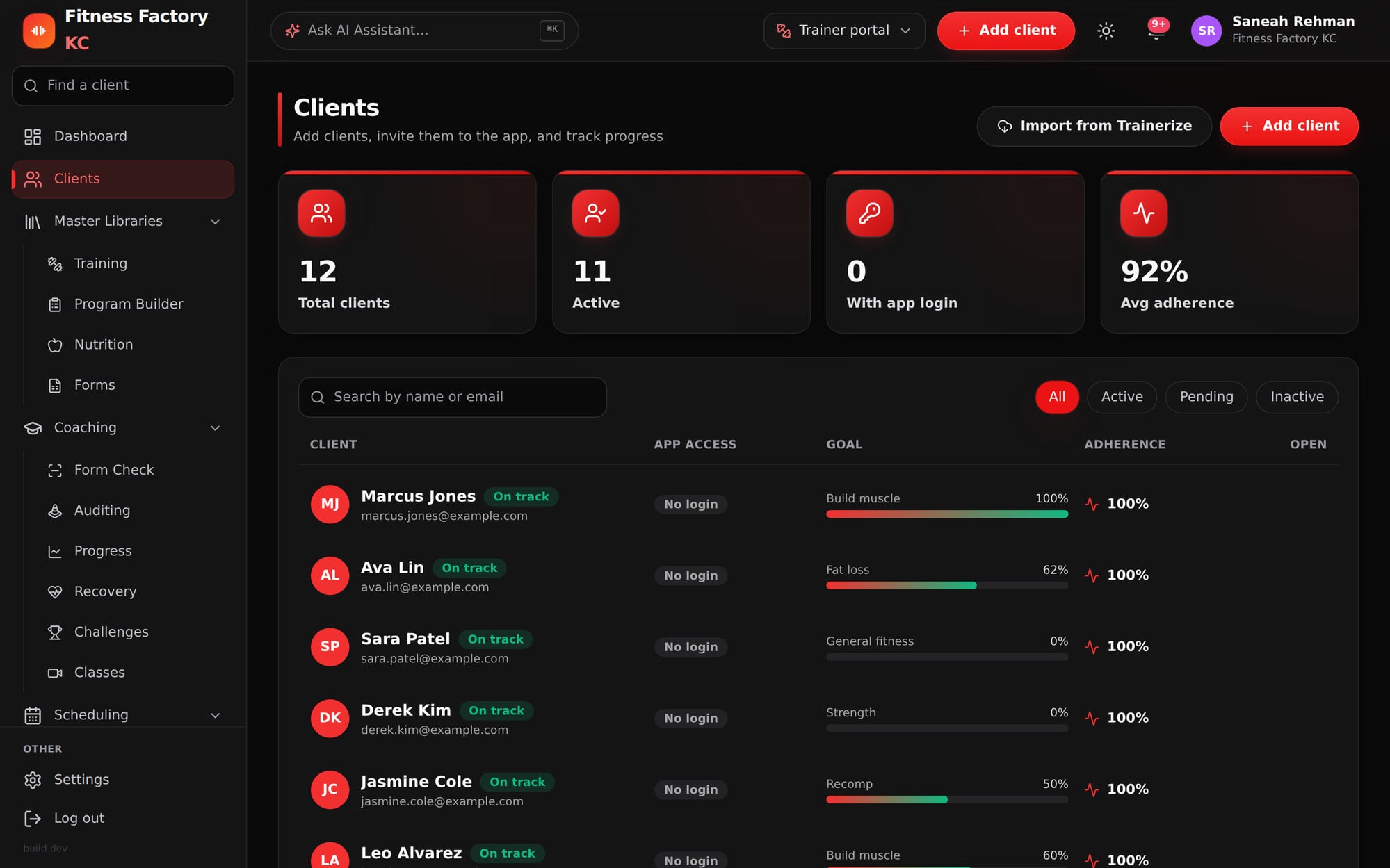Trainer portal, client roster with adherence and history import