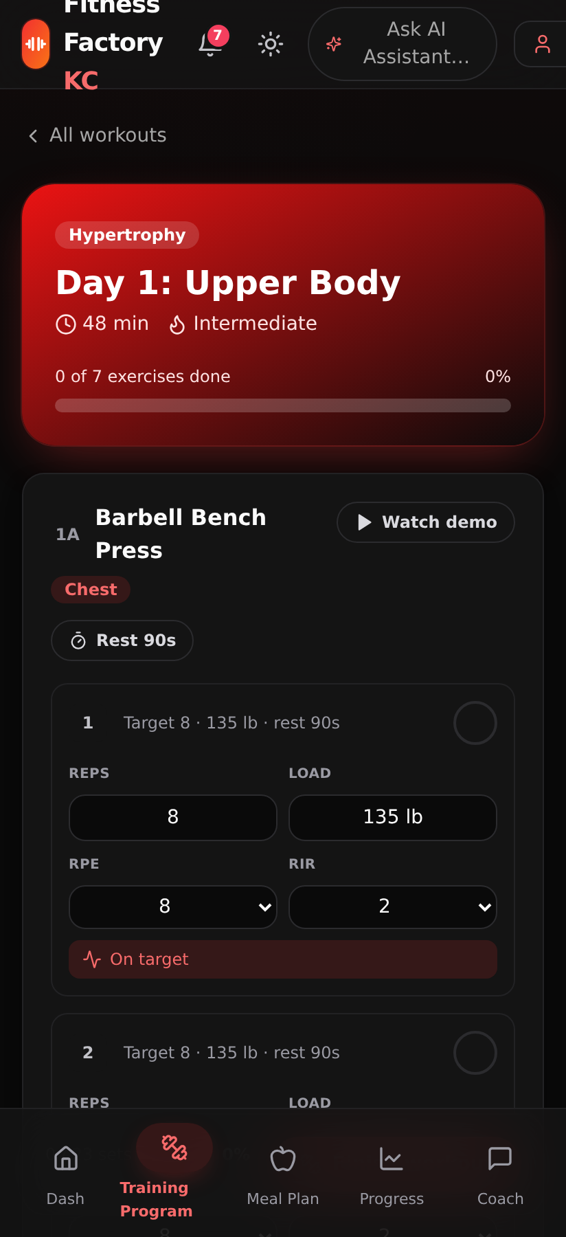 Workout with video demos and set logging