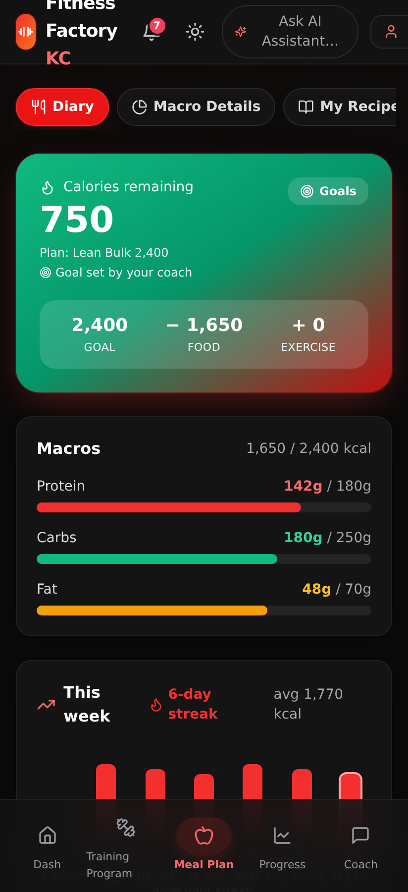 Nutrition diary with calories remaining and macro tracking